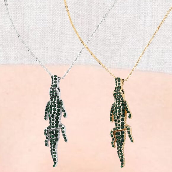 Gold or Silver Rhinestone CZ Green Alligator Gators Crocodile Gem Necklace - Picture 1 of 6